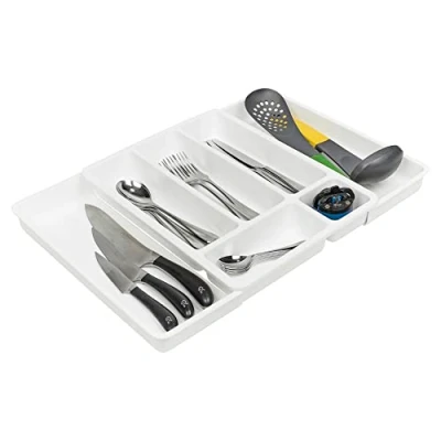 Image of URBNLIVING Plastic Expandable Drawer Kitchen Extendable Organiser Cutlery Space Saving Compact Utensil Tray With 7 Holder Compartments (White)