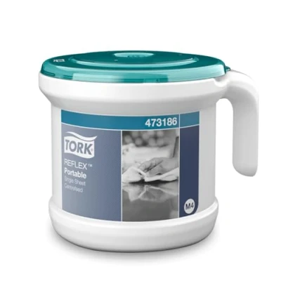 Image of Tork Reflex Portable Starter Pack Centrefeed Paper Towel and Dispenser White Turquoise M4, Robust Design, 1 Pack, 473186 + Wiping Refill (Quantity of 1)