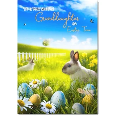 Image of doodlecards Granddaughter Easter Card Bunnies in Field Medium Size with Plain Envelope