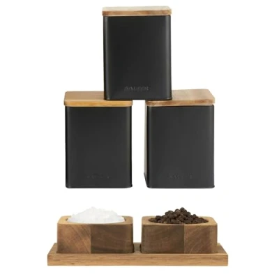 Image of Salter COMBO 9236 Toronto Canisters &amp; Salt and Pepper Pots Tea, Sugar, Coffee Storage Jars, Worktop Countertop Organiser Containers, Spice Pinch Pots, Refillable Pig, Acacia Wood, Black