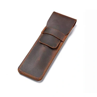 Image of Daimay Leather Pen Case Holder Handmade Fountain Multi Pens Pouch Crazy Horse Protective Sleeve Cover Brown
