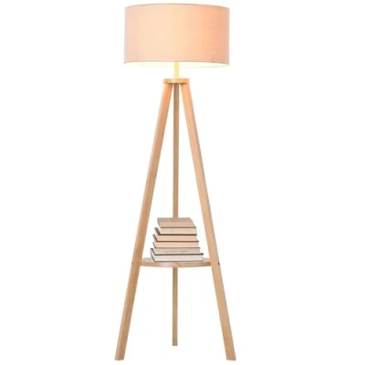 Image of HOMCOM Free Standing Tripod Floor Lamp Bedside Light Reading with Storage Shelf Linen Shade for Living Room Bedroom, 154cm, Cream