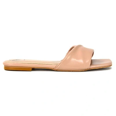 Image of ESSEX GLAM Womens Flat Sandals Twist Padded Strap Synthetic Leather Ladies Square Toe Summer Slip On Mule Slider Size 3 8 Nude