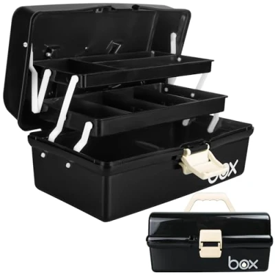Image of Creahaus 12in 3 Layer Multipurpose Storage Box/Craft Boxes with Compartments/Plastic Black Tool Box/Medicine Box/Hair Accessories Organiser/Sewing Box 2 Trays