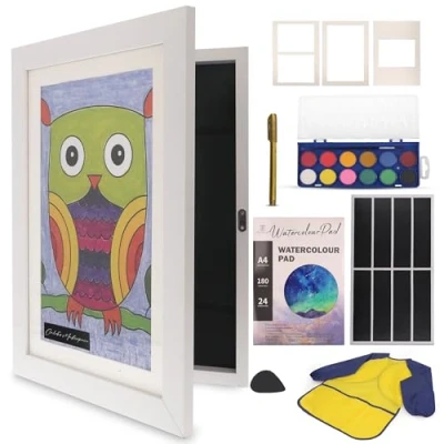 Image of Kids Art Frame with Colouring Kit For Drawings, Projects, School Picture Work, Changeable Display Holds Up to 150 Pieces of Artwork