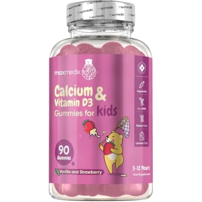 Image of Calcium and Vitamin D3 Gummies for Kids 90 High Strength 320mg with 800IU Strawberry &amp; Vanilla Flavoured Not Tablets 3 12 Years