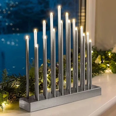 Image of Christow Silver Candle Bridge Tower Christmas Decoration, Battery Operated with Timer, 17 Warm White LED Window Light