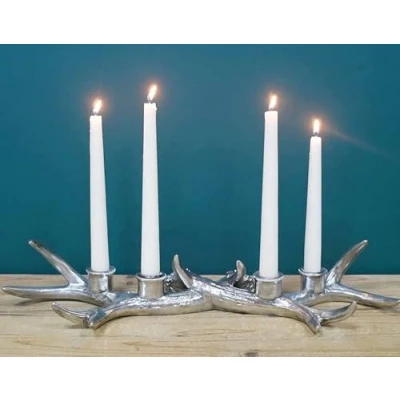 Image of 4 Taper Dinner Candles Silver Antler Candle Holder Stag Candelabra Centerpiece FBITE