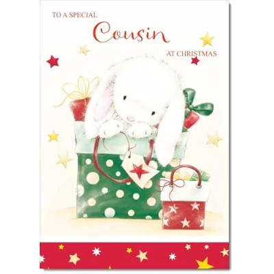 Image of doodlecards Cousin Christmas Card Cute Rabbit with Parcels Medium Size for Plain Envelope