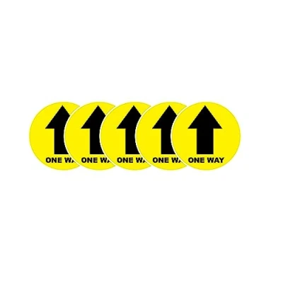 Image of Pack of 5 Yellow One Way Arrow Floor Sticker Safety Sign, Removable, Anti Slip, Self Adhesive Please Follow System Social Distancing Sign (220mm x 220mm)