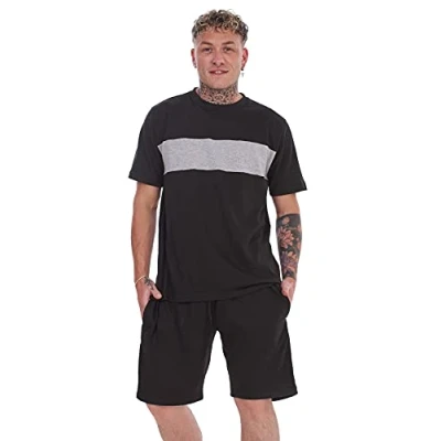 Image of Malay Pyjama Set Shorts Cotton Jersey Round Neck Loungewear Striped T Shirt Nightwear Black