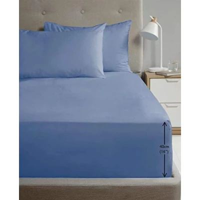 Image of Rapport Home Single Size Fitted Sheet Extra Deep 40cm Depth Blue Soft Easy Care Non Iron Percale Bed 16 inch Pocket