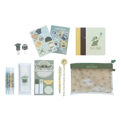 Image of Grupo Erik Grogu Stationery Set Star Wars Pencil Case With A6 Notebooks, Highlighters, Sticky Notes, Paper Clips, Stickers, Pen, Baby Yoda Gifts The Mandalorian