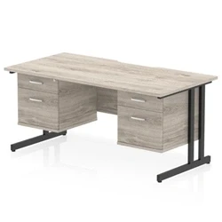 Image of Impulse 1600 x 800mm Scalloped Edge Office Desk Grey Oak Top Black Cantilever Leg Workstation 2 Drawer Fixed Pedestal