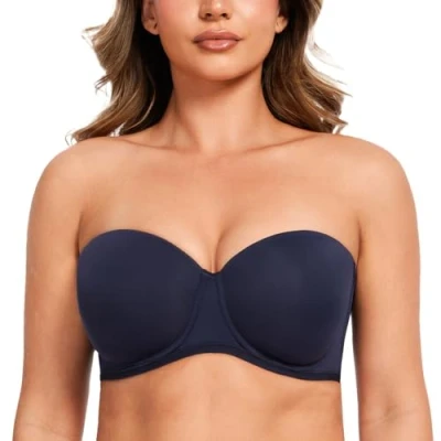 Image of MELENECA Women&#039;s Underwire Strapless Bras for Bigger Bust Back Smoothing Plus Size Navy Blue 32E