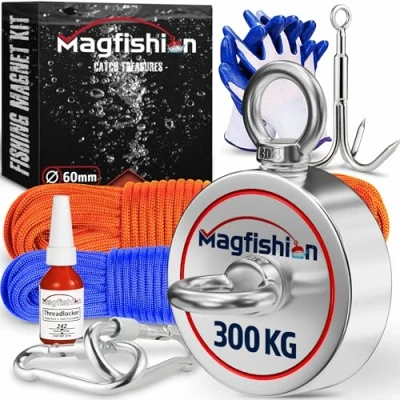 Image of MAGFISHION Magnet Fishing Kit 150 KG Ø60mm Super Strong Neodymium with 2 Ropes, Grappling Hook, Carabiner, Gloves, Threadlocker Magnetic Powerful Magnets