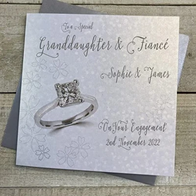 Image of WHITE COTTON CARDS PERSONALISED ENGAGEMENT CARD. ANY RELATION. GRANDDAUGHTER &amp; FIANCÉ. SQUARE PRINCESS CUT RING DESIGN. Handmade (P22 99 GD XP22 GD)