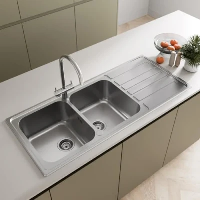 Image of Sauber 1160 x 500mm Stainless Steel Kitchen Sink 2.0 Double Bowl Inset Installation, 18/8 Sinks, Reversible Drainer, Free Waste