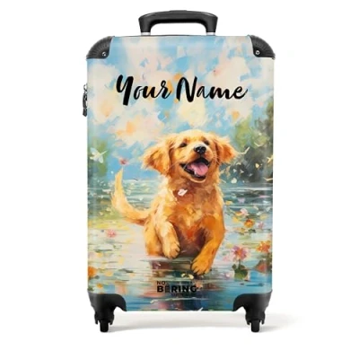 Image of NoBoringSuitcases.com® Children&#039;s Luggage Kids Suitcase Personalised Lightweight Hand on Wheels Cabin Dog in Colourful Water 55x40x20cm Hard Shell Trolley 20&quot; 10kg