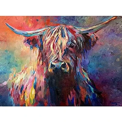 Image of Paint by Numbers for Adults Children Highland cow watercolor abstract animal 16x20 Inch Linen Canvas Acrylic DIY Number Painting Kits Hand Painted Oil Wall Art Decor Gifts with frame