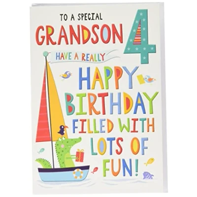 Image of Regal Publishing Juvenile Birthday Card Age 4 Grandson, bluegreenbeigegoldred, 9 x 6 inches