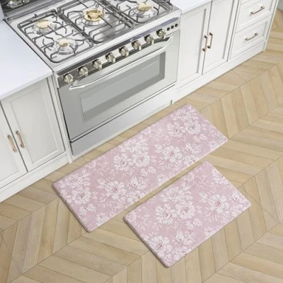 Image of Laura Ashley Anti Fatigue Kitchen Mat, Iris Floral Design, Stain, Water &amp; Fade Resistant, Cooking Standing Relief, Non Slip Backing, 2 Piece Set, Soft Pink