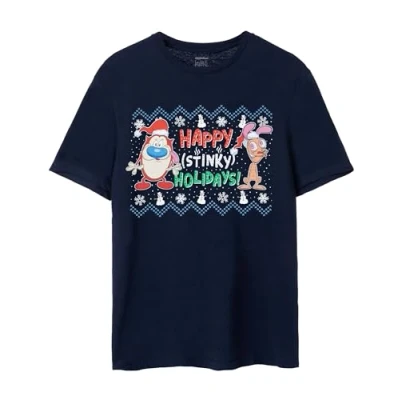 Image of Nickelodeon Ren &amp; Stimpy Mens Christmas T Shirt Navy Blue Happy Stinky Holidays Graphic Tee for Adults Short Sleeve Crewneck Festive Cartoon Top Classic Apparel Him