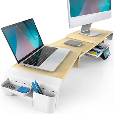 Image of Fenge Dual Monitor Stand, 3 Shelf Adjustable Length and Angle, 107cm Desk Organizer with Removable Slot Drawer, Tablet Phone Holder, Computer Laptop Riser for 2 Monitors, Oak