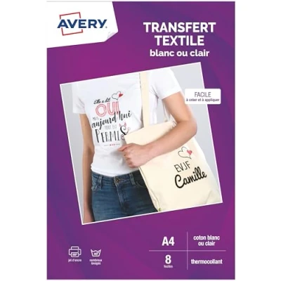 Image of AVERY Pack of 8 White or Clear T shirt Textile Transfer Papers, Customizable and Printable, A4 Size, Inkjet Printing