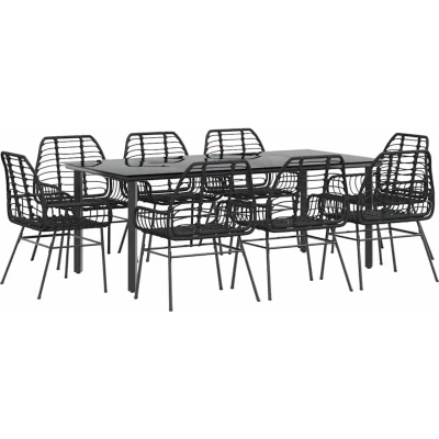 Image of vidaXL 9 Piece Garden Dining Set Black Poly Rattan Glass