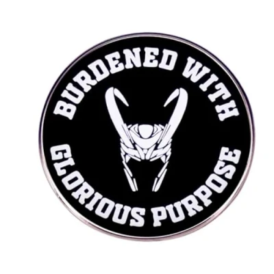 Image of Patch Nation Burdened With Glorious Purpose Loki of Asgard Cosplay Metal Pin Badge Brooch, 30mm Diameter, black white