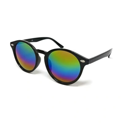 Image of WS UK Round Lens Sunglasses with UV400 Protection Unisex (Black Frame Rainbow Mirrored Lens)