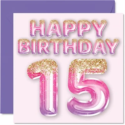 Image of 15th Birthday Card for Girls Pink &amp; Purple Glitter Balloons Happy Cards 15 Year Old Girl Daughter Sister Granddaughter Cousin, 145mm x Fifteen Fifteenth Bday Greeting Gift