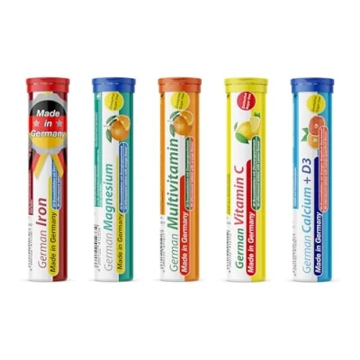 Image of effervescent Tablets Trial Package T&amp;D Pharma 5 x 20 = 100 German Vitamin and Mineral Mix Fruity Flavours Made in Germany