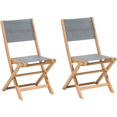 Image of Set of 2 Outdoor Garden Patio Chairs Folding Acacia Grey Seat Backrest Light Wood Cesana