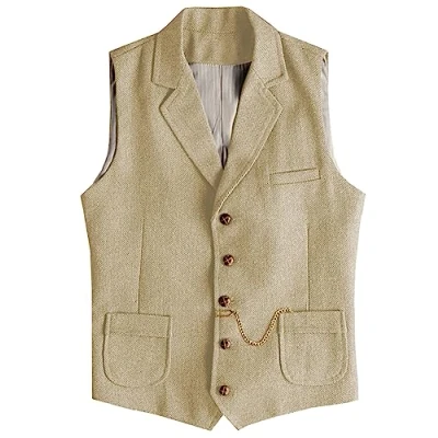 Image of AeoTeokey Men&#039;s Western Herringbone Tweed Suit Vest Wool Slim Fit Waistcoat (Champagne,S)