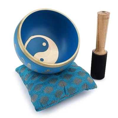 Image of Ajuny Tibetan Singing Bowl Set Handcrafted Meditation Brass Sound with Stick and Cushion for Yoga, Chakra Healing, Mindfulness Stress Relief Spiritual Gifts Blue