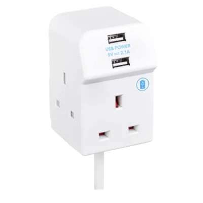 Image of Masterplug Three Socket Compact Extension Lead with Two USB Charging Ports, 2 Metre Cable, White