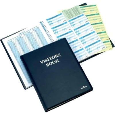 Image of Durable Visitor Book 300 With Leather Look Front Cover Includes Perforated 90 x 60 mm Badge Inserts Perfect for Schools, Offices, Hotels, Etc