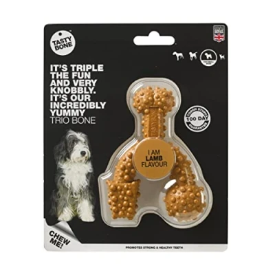 Image of TastyBone TrioBone Nylon Dog Chew Toy for Small Dogs (Lamb) Indestructible Aggressive Chewers, Everlasting Flavour, Strong Healthy Teeth, Made in the UK