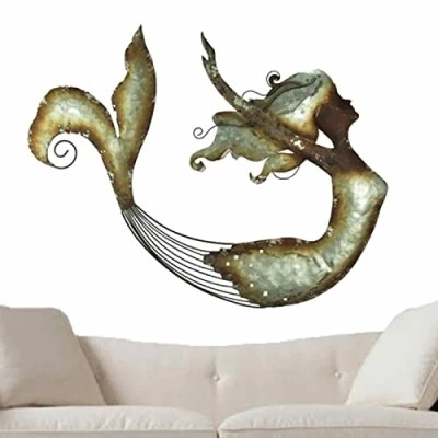Image of Maodom Mermaid Wall Art Metal Decor,Wrought Iron Mermaids Hanging Ornament,Garden Decorations Home Decor for Garden,Indoor,Home,Living Room,29x23cm