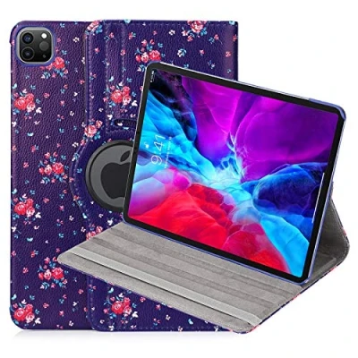 Image of 32nd Floral Series Design PU Leather Book Folio Case Cover for Apple iPad Pro 12.9&quot; (2020/2021), Designer Flower Pattern Flip With Built In Stand Vintage Rose Indigo