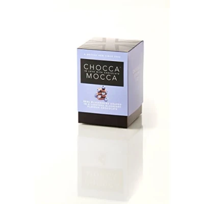 Image of Chocca Mocca Chocolate Box Cube 110g Real Blueberries Draped in Luscious Blueberry Flavoured White Chocolate, Deliciously indulgent Treat, Great Gift, Luxurious Quality Made Britain