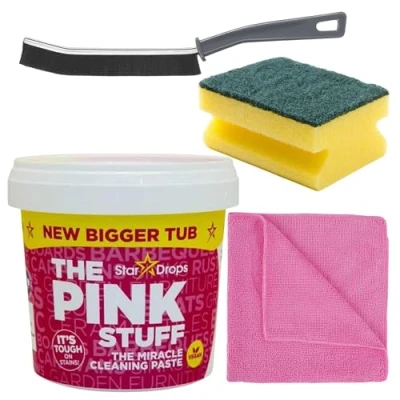 Image of The Pink Stuff Paste Miracle Cleaner Household Cleaning Kitchen Oven Stain Remover 850g Bundled with Crevice Grout Gap Brush, Cloth &amp; Sponge