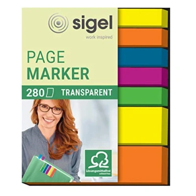 Image of SIGEL HN616 Transparent Index Page Markers, 7 x 40 strips, Blue/Pink/Yellow/Orange/Green