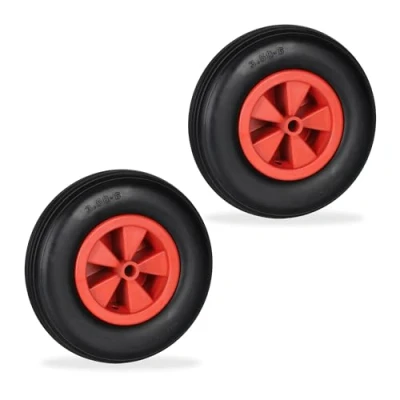 Image of Wheelbarrow Tyre, 2x Spare Wheels, Rubber, Puncture proof, 3.50 6&#039;, Max. Load 100 kg, 17 mm Axis, Black/Red Relaxdays