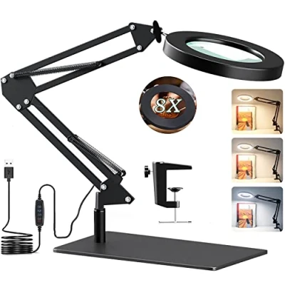 Image of 8X Magnifying LED Desk Lamp with Base &amp; Clamp,Dimmable Glass,3 Color Modes,10 Adjustable Brightness 2 in 1Magnifying Glass Light and Stand,Adjustable Swivel Arm Craft
