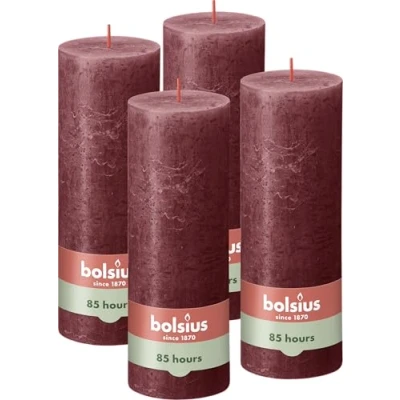 Image of Bolsius Rustic Pillar Candle Dark Red Pack of 4 Long Burning Time 85 Hours Household Interior Decoration Unscented Natural Vegan Wax No Palm Oil 19 x 7 cm
