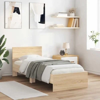 Image of vidaXL Single Bed Frame with Headboard Engineered Wood, 90x190 cm, Sonoma Oak, Sturdy Plywood Slats, Contemporary Bedroom Furniture