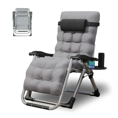 Image of TRIOBLADE Outdoor Reclining Zero Gravity Chair with Cup Holder &amp; Cushion, Adjustable Sun Loungers Folding Recliner Garden Chairs for Patio Beach Support 200kg (Gray)